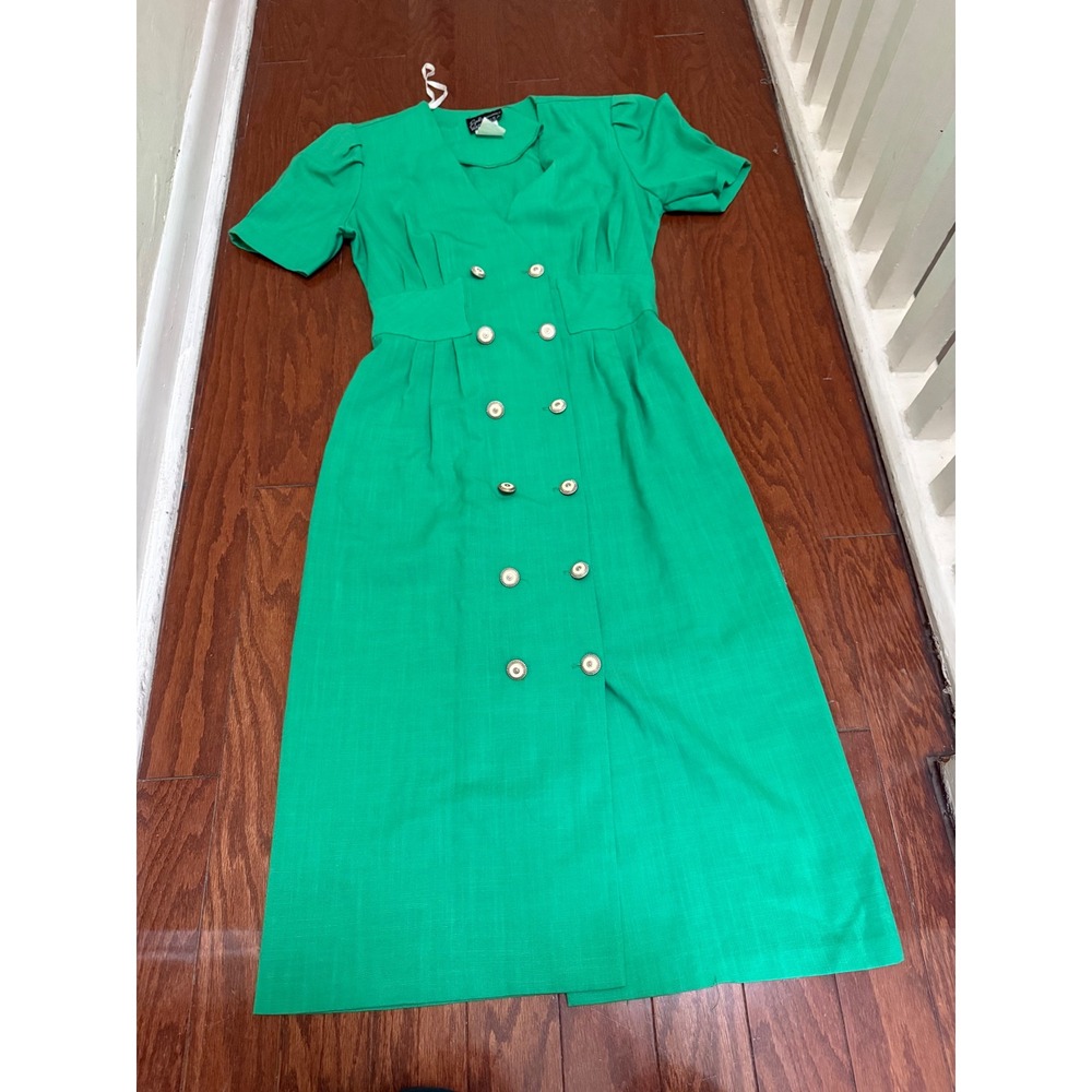 Breli Originals Vintage Green Double Breasted Midi Dress Short Sleeve Size 8 USA